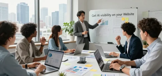 Team collaborating to Get Ai visibility on your website in a modern office setting.