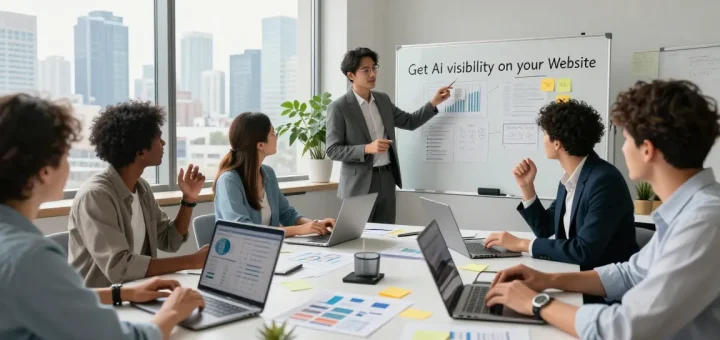 Team collaborating to Get Ai visibility on your website in a modern office setting.