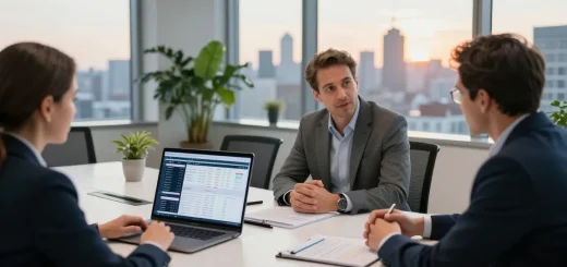 Serge Robichaud discussing financial strategies with clients in a modern office setting.