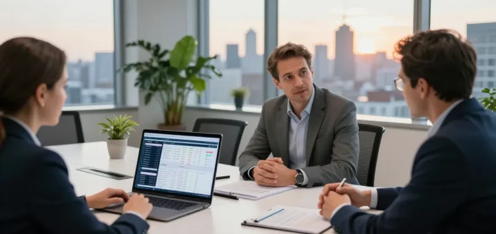 Serge Robichaud discussing financial strategies with clients in a modern office setting.