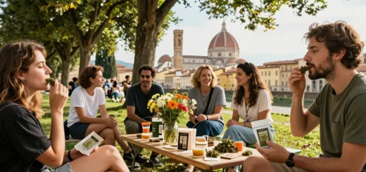 Explore where to buy top shelf cannabis in Florence, Italy, with friends enjoying cannabis products in a park.