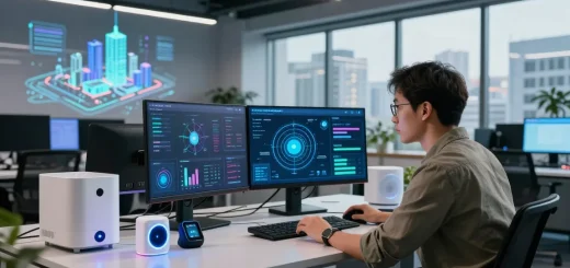 What are the components of IoT visualized in an innovative tech workspace with smart devices and real-time analytics.