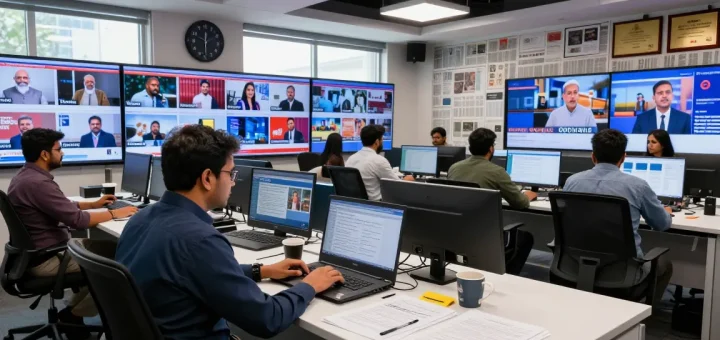 Newsroom activity at https://www.theindaily.com showcasing journalists crafting engaging stories with dynamic visuals and collaborative energy.