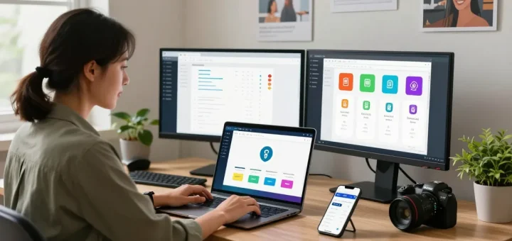 Engaged user checking CC dumps fullz securely on laptop in a bright home office.