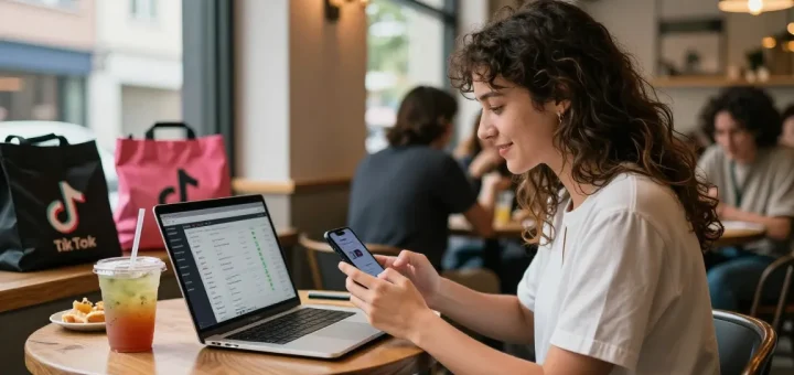 Young influencer using smartphone in café, showcasing the best place to buy tiktok likes for engagement.