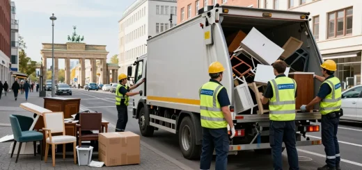 Sperrmüllabholung 80 Euro Berlin with a professional team efficiently removing old furniture from a city street.