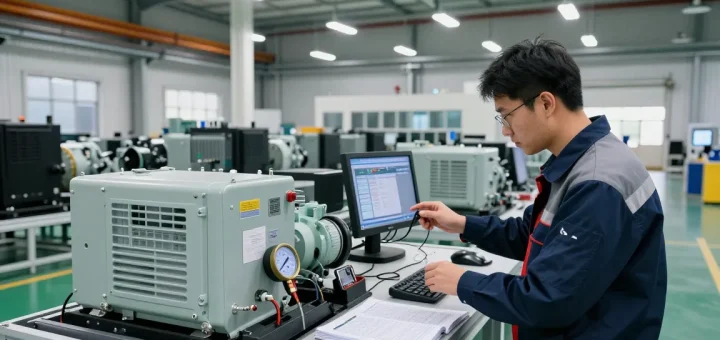 Expert technician inspecting generator systems in a leading generator manufacturer facility