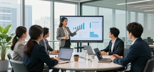 Team collaboration at https://companynamesucks.com/ in a modern conference room with insights displayed on a digital screen.