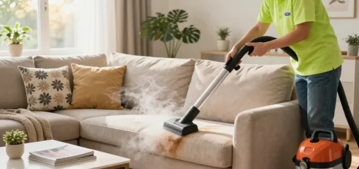 Steam cleaning couch in a bright living room, showcasing professional cleaning action with steam rising.
